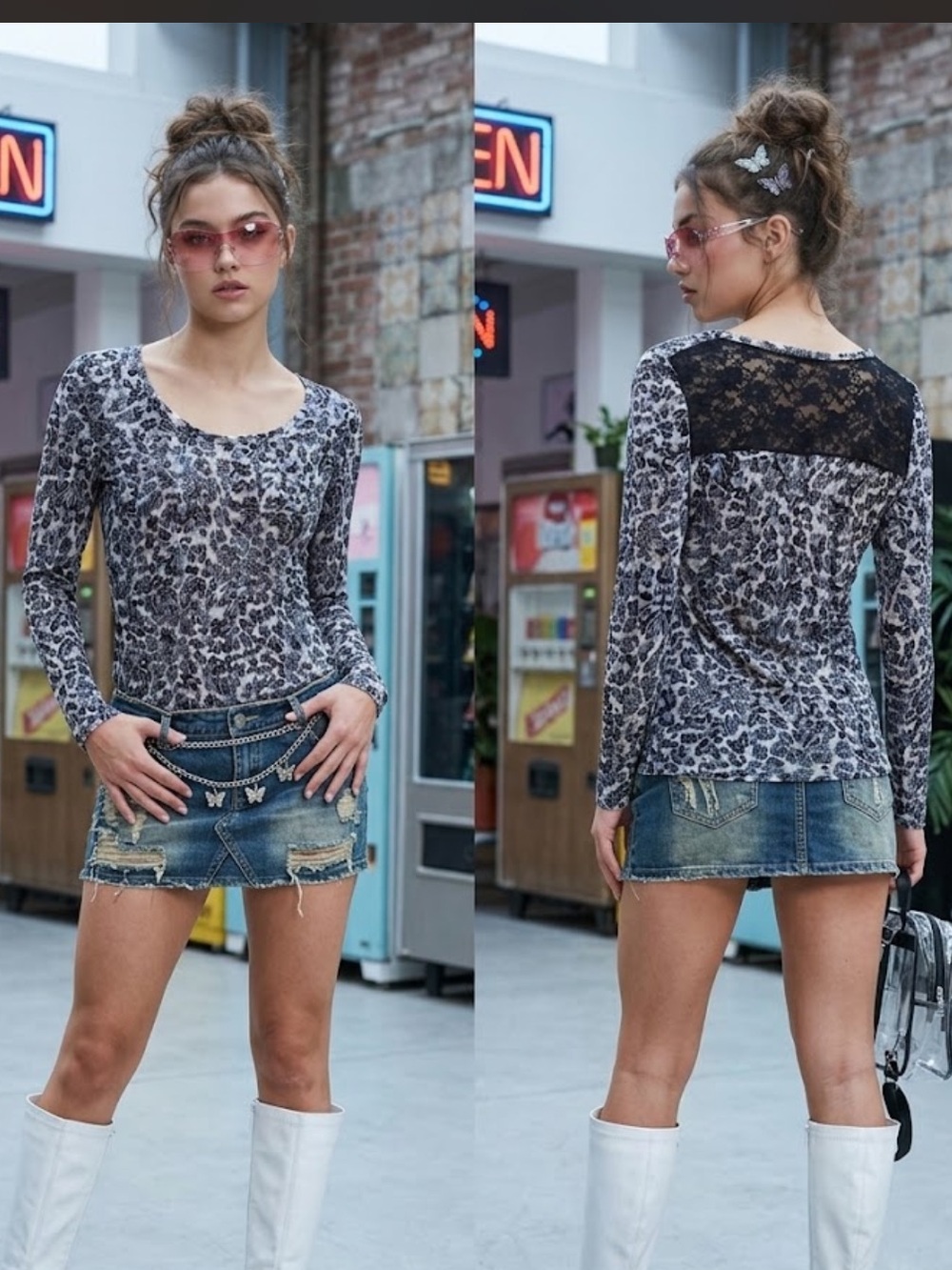 Vtg Cache size M y2k Leopard floral Print Lace-Back stretch Top USA